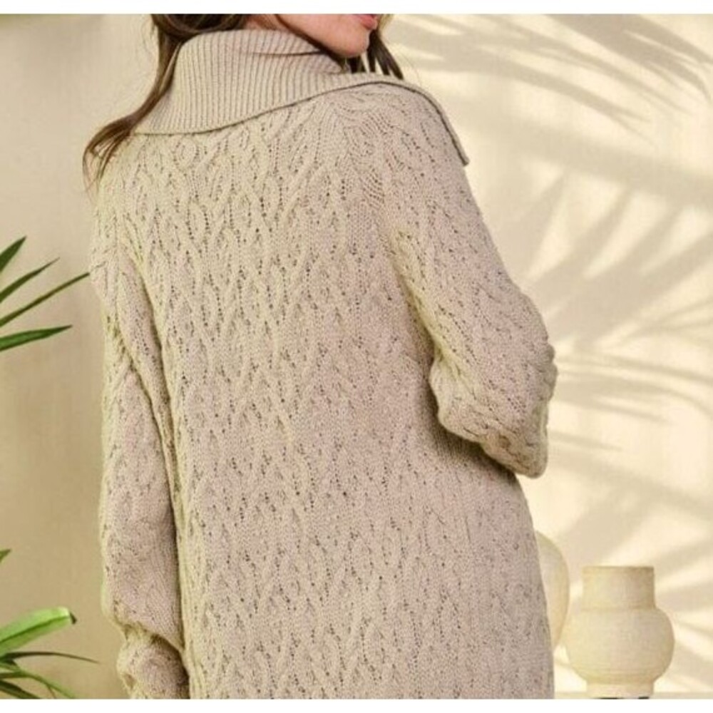 Women's Long Open Front Knit Cardigan Size L Oatmeal Long Sleeve Duster Sweater - Picture 5 of 6